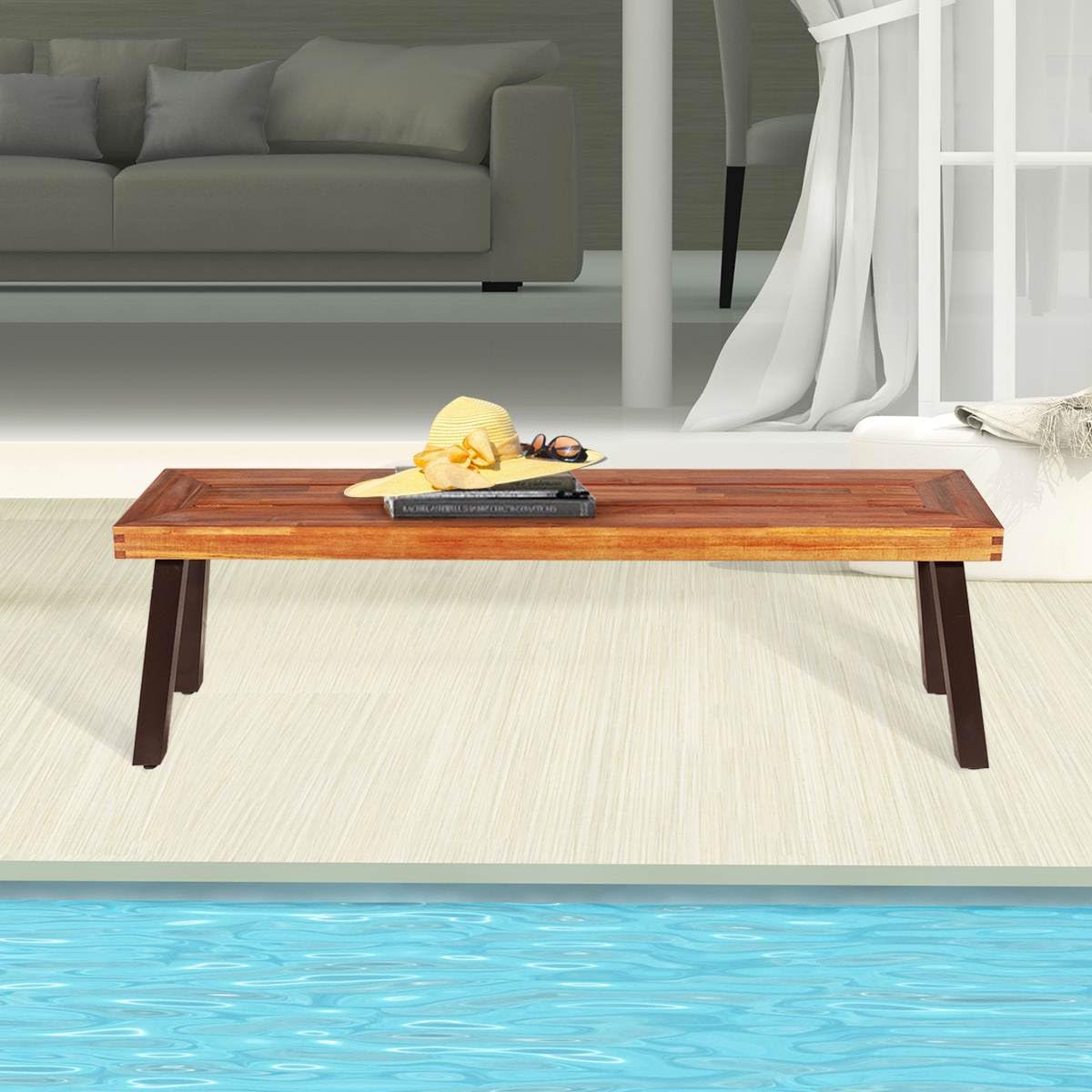 Set of 1/2 Outdoor Acacia Wood Bench, 2-3 People Backless Garden Front Benches with Metal Frame, Patio Wooden Dining Benches for Deck, Yard and Entryway