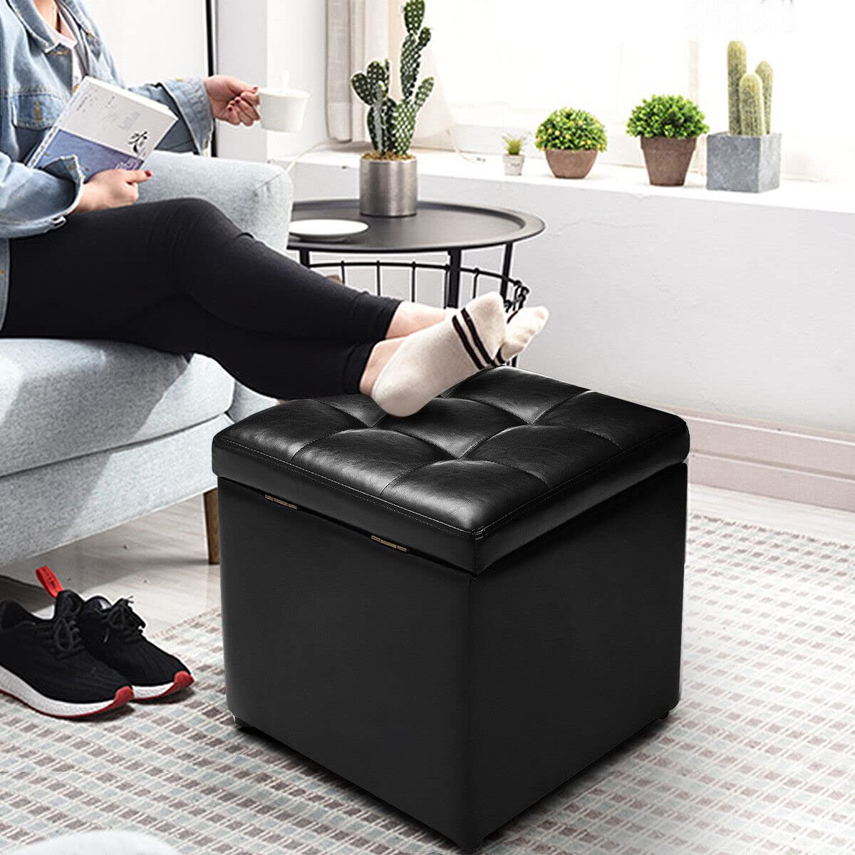 40CM Cube Ottoman, Pouffe Storage Box Lounge Seat Footstools w/Hinge Top & Bottom Feet