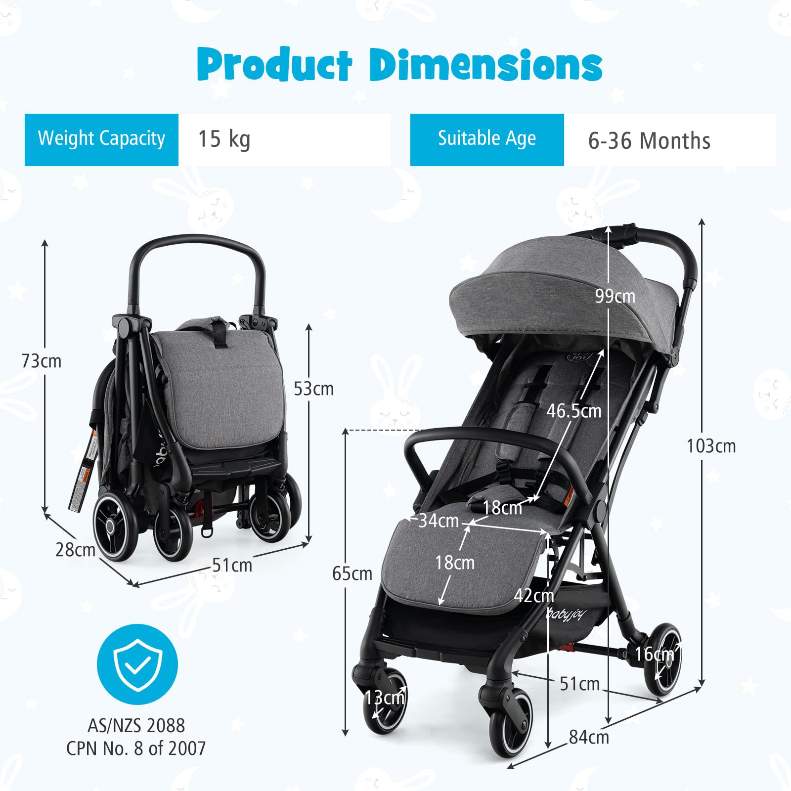 Lightweight Baby Stroller, Folding Infant Toddler Stroller w/Backrest, Storage Basket,Footrest & Canopy