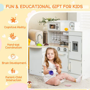 HONEY JOY Kids Corner Kitchen Playset, Wooden Play Kitchen Toy Set w/Realistic Microwave, Oven
