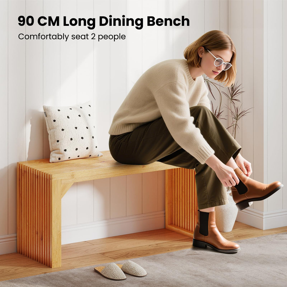 Bamboo Dining Bench, 90CM Long Entryway Bench, Indoor Outdoor Solid Wood Bench