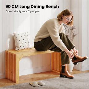 Bamboo Dining Bench, 90CM Long Entryway Bench, Indoor Outdoor Solid Wood Bench