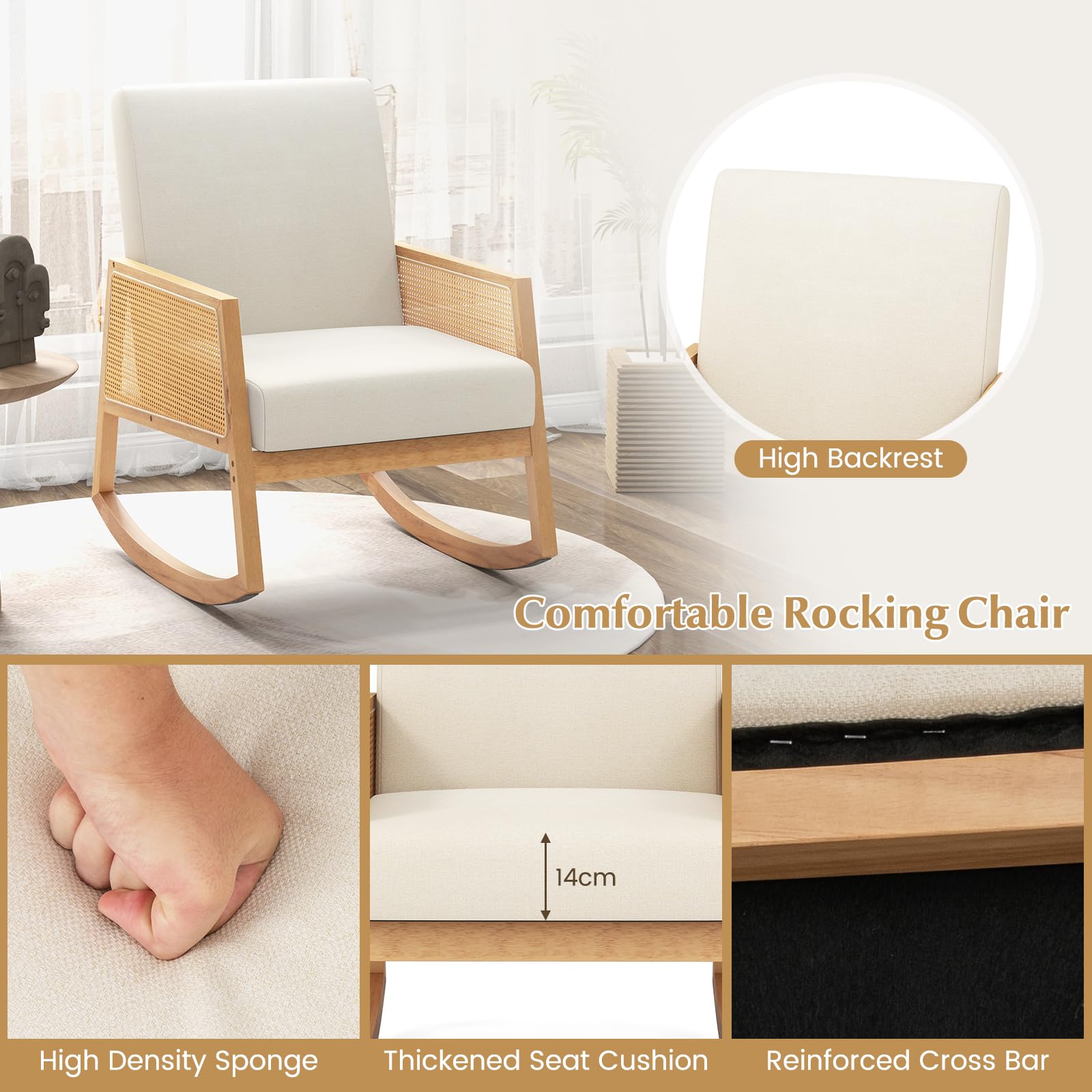 Giantex Rocking Chair with Rattan Armrests, Armchair with Upholstered Cushion & Wood Rattan Armrests