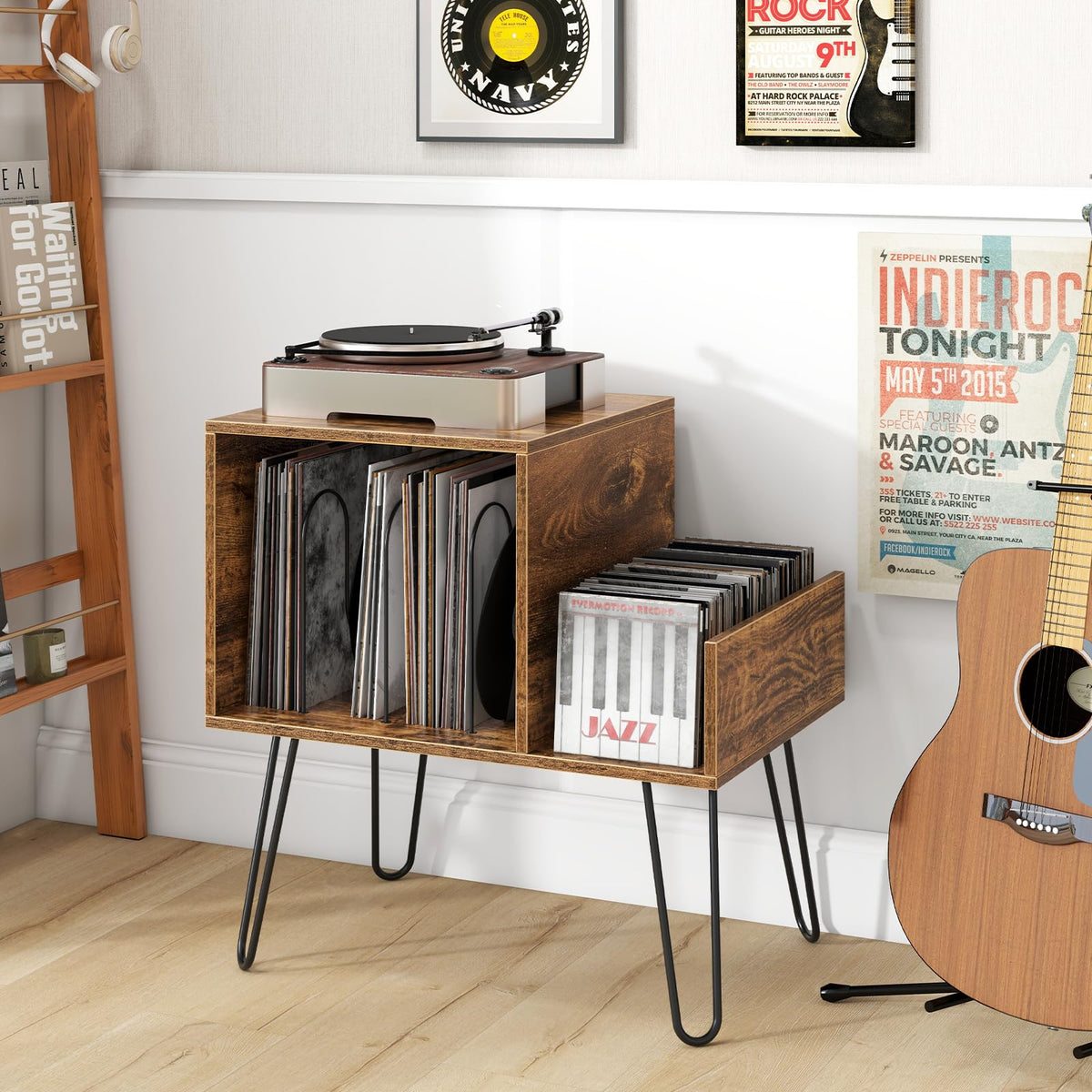 Giantex Record Player Stand with Power Outlet, Turntable Stand with Vinyl Divider & Display Shelf