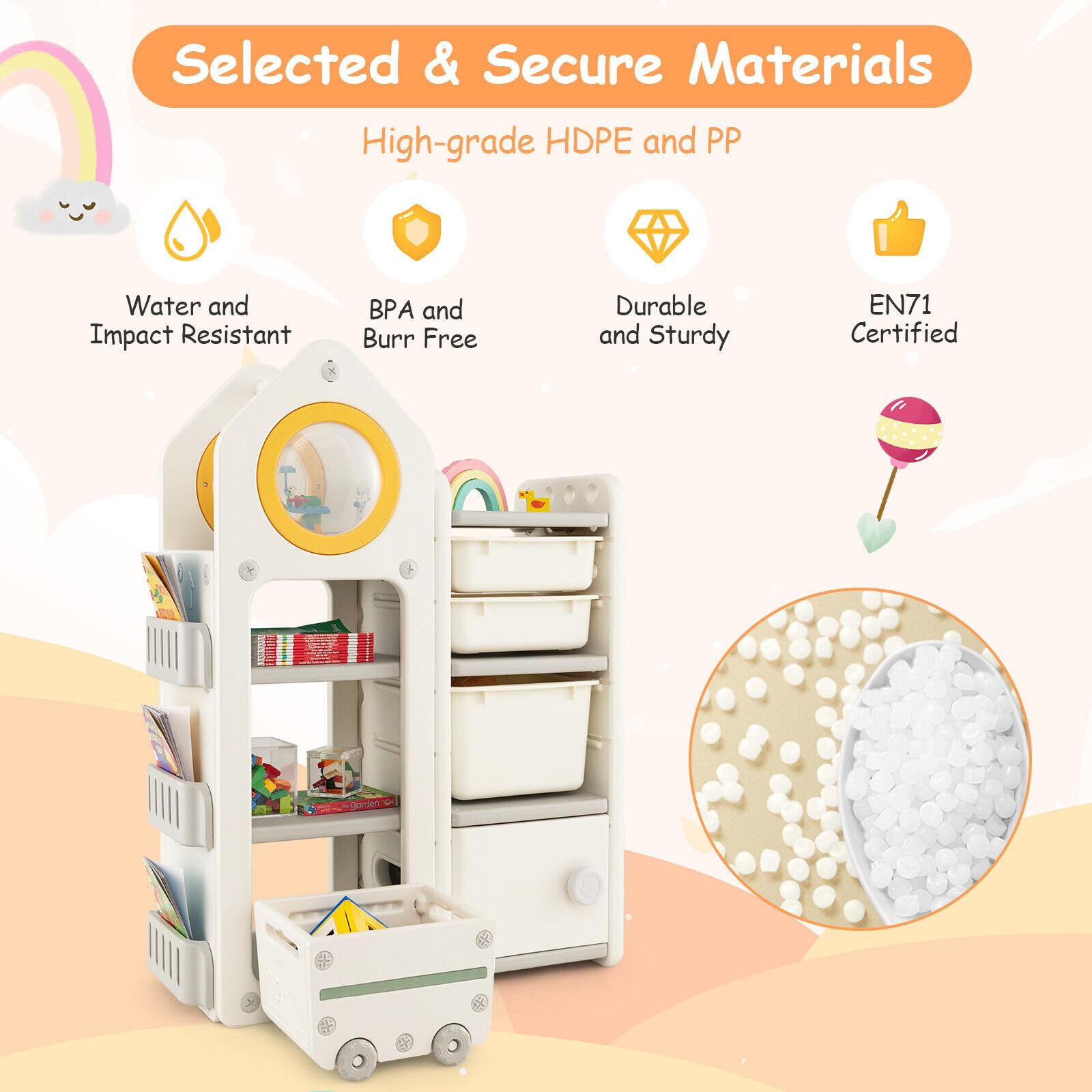 HONEY JOY Kids Toy Storage Organiser, Toy Chest and Bookshelf w/Mobile Trolley, Enclosed Cabinets & Storage Bins