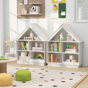 Kids Dollhouse Bookshelf, 3-Tier House-Shaped Storage Organizer w/ Open Shelves