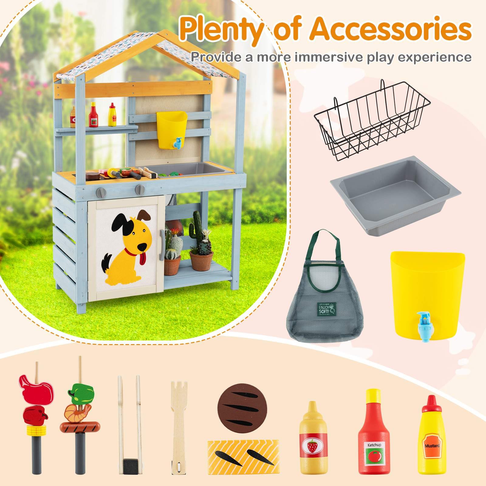 2 in 1 Wooden Mud Kitchen, Double Sided Outdoor Play Kitchen & Grocery Store w/Removable Water Box & Sink