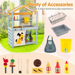 2 in 1 Wooden Mud Kitchen, Double Sided Outdoor Play Kitchen & Grocery Store w/Removable Water Box & Sink