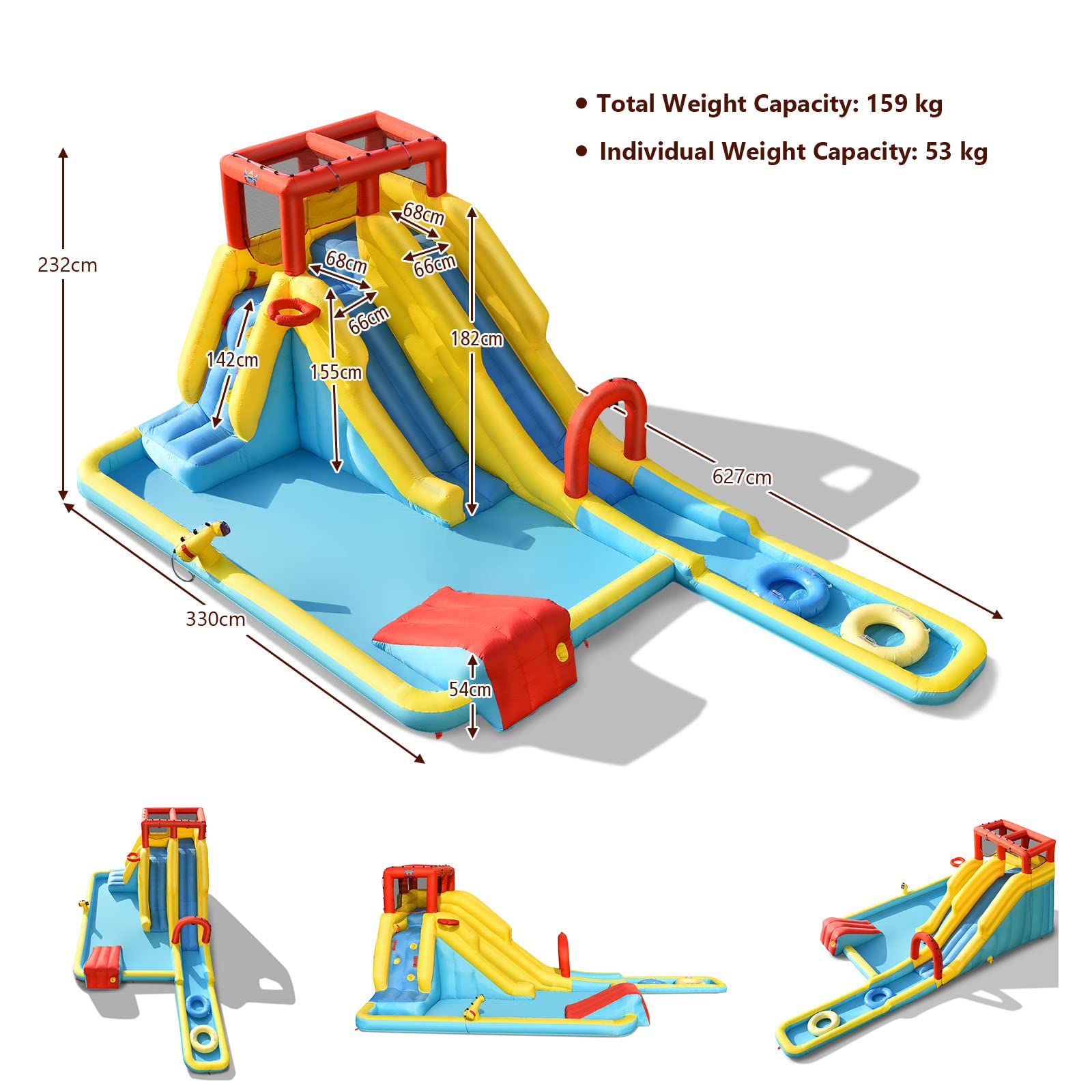 HONEY JOY Inflatable Water Slide, 7-in-1 Double Long Slide Inflatable Water Park w/Climbing Wall (Without Blower)