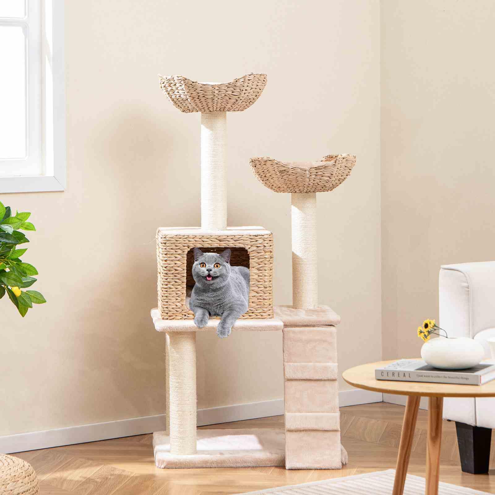 122cm Cattail Cat Tower w/Sisal Scratching Posts, Condo, Basket Bed
