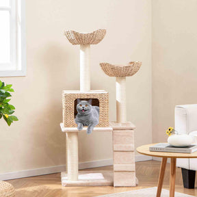 122cm Cattail Cat Tower w/Sisal Scratching Posts, Condo, Basket Bed