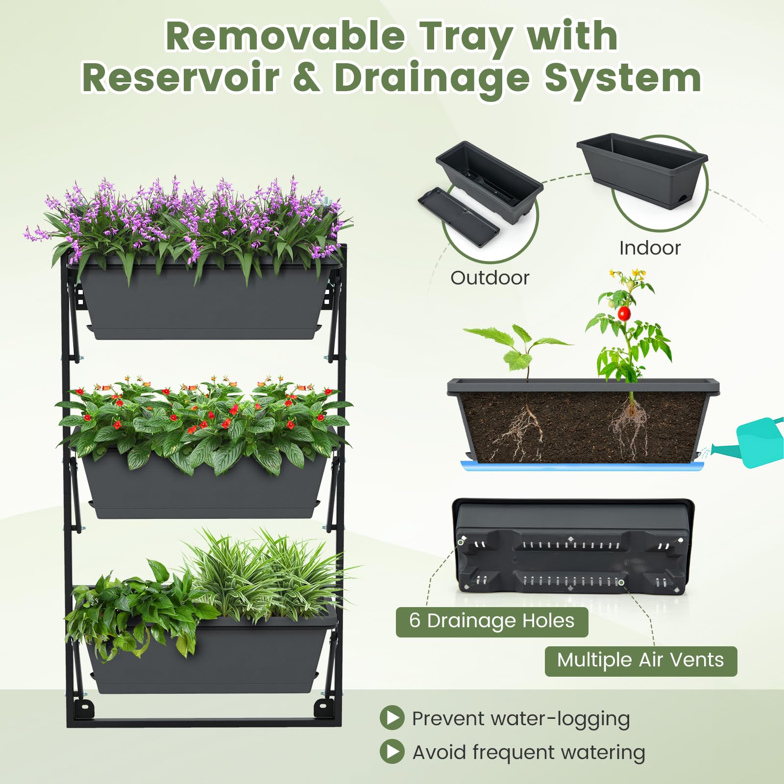 Hanging Vertical Planter, Self-Watering Wall-Mounted Adjustable Railing Planter with 3 Planter Boxes & Detachable Hooks for Flowers