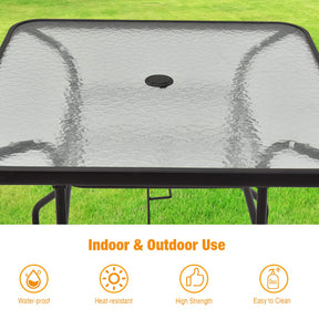 Patio Table, Rectangle Metal Coffee/Tea Table with Tempered Glass Top and Umbrella Hole