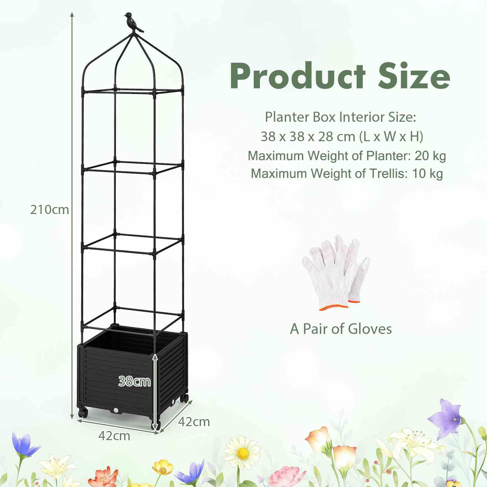 Raised Garden Bed with Trellis, Tomato Cage Planter Box with Self-Drainage & Wheels for Climbing Vines