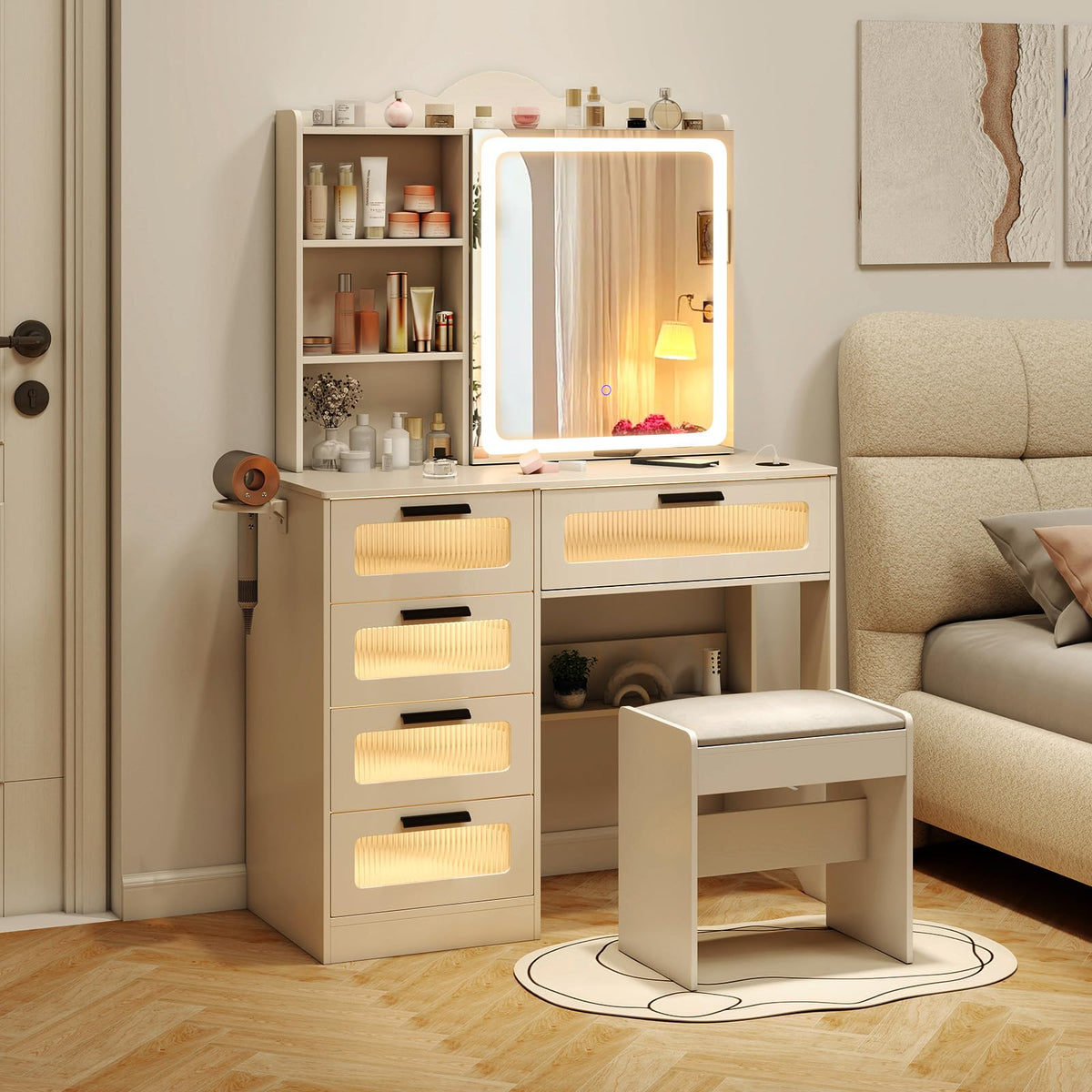 Makeup Vanity Desk w/Mirror & Lights, Dressing Table and Stool Set w/Charging Station