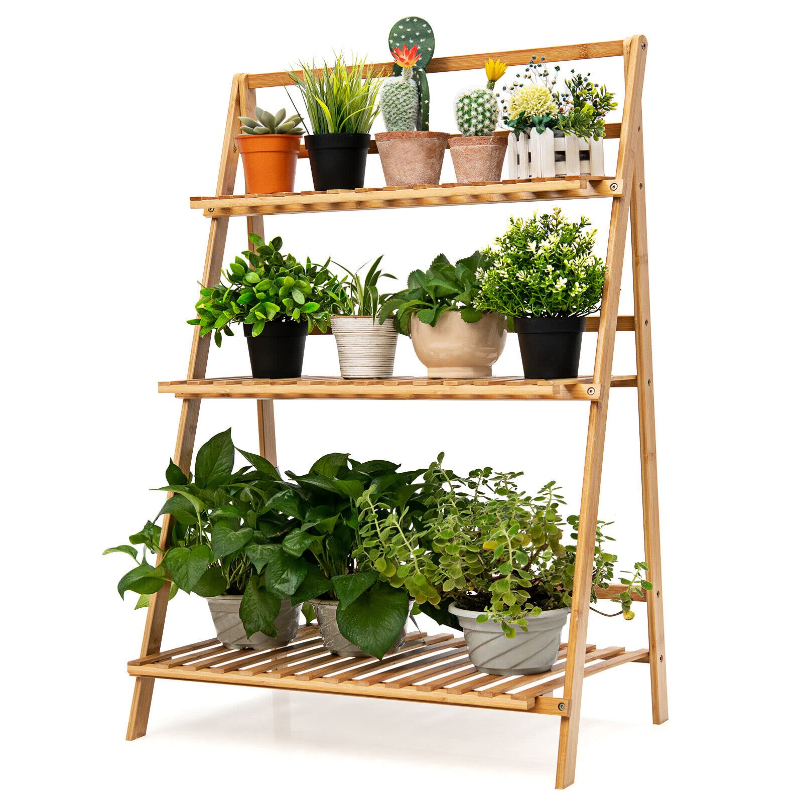 Folding Bamboo Plant Stand, 3-tier Ladder Plants Holder Organizer
