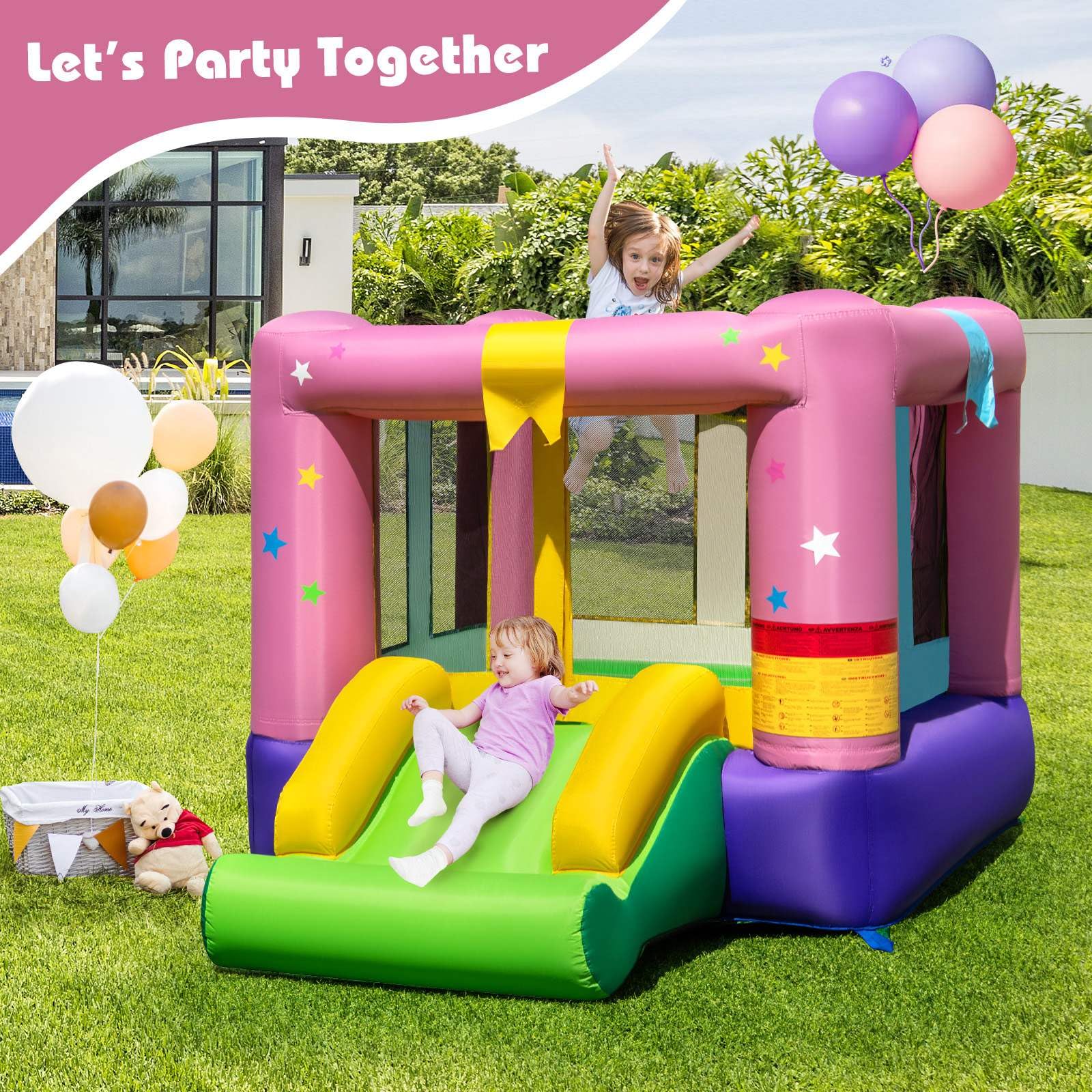 Inflatable Bounce House, Kids Bouncy Castle with Slide & Basketball Rim