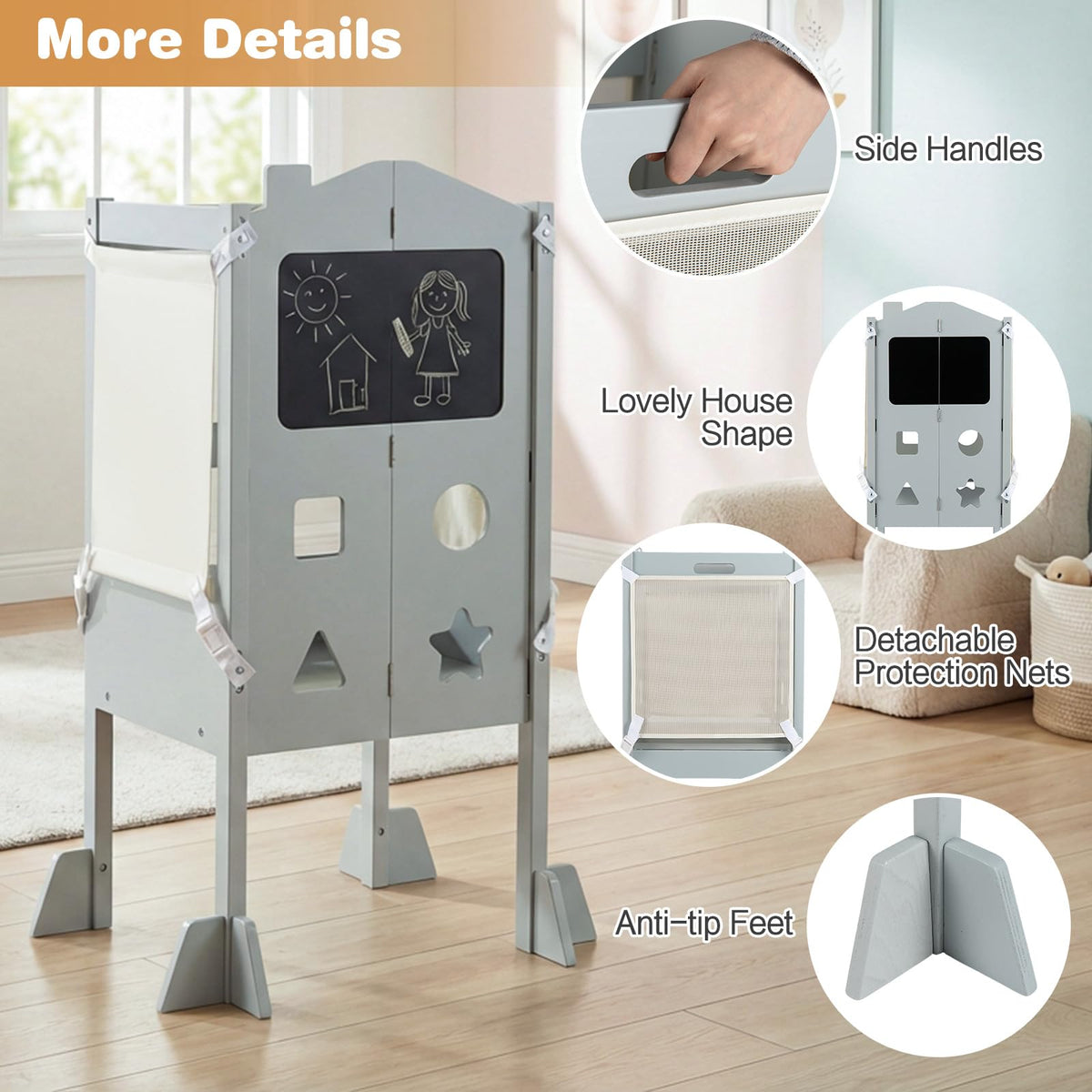 Foldable Toddler Tower with 3 Using Modes Step Stool, Standing Kitchen Tower w/ 2-Step Stool
