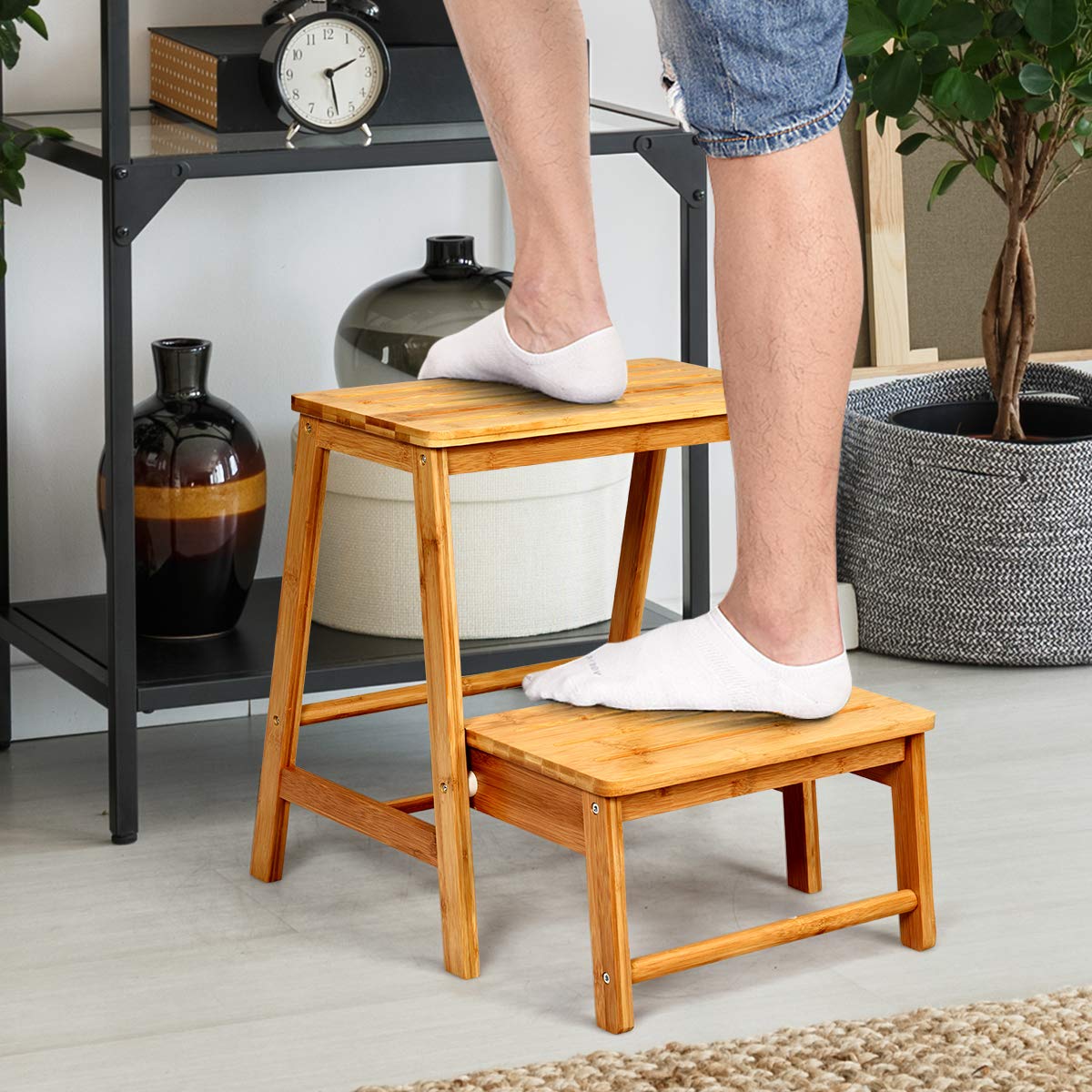 Giantex Two-Tier Step Stool, Foldable Bamboo Step Stool