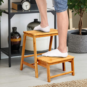 Giantex Two-Tier Step Stool, Foldable Bamboo Step Stool