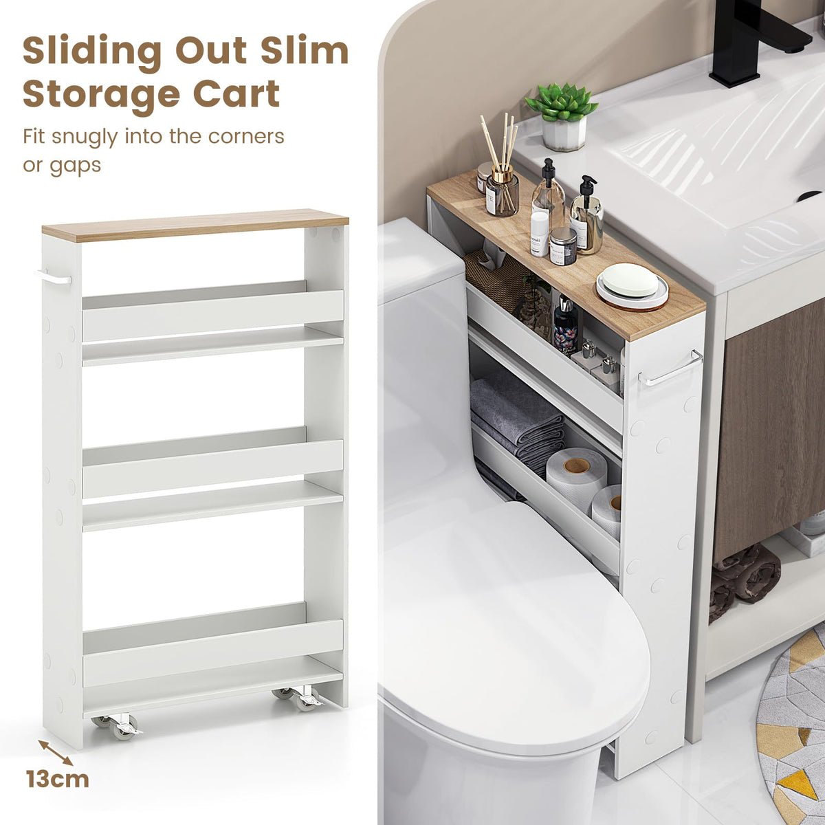 Slim Storage Cart w/Handle, 4-Tier Slide Out Utility Cart, Shelving Unit Organizer Trolley for Narrow Places