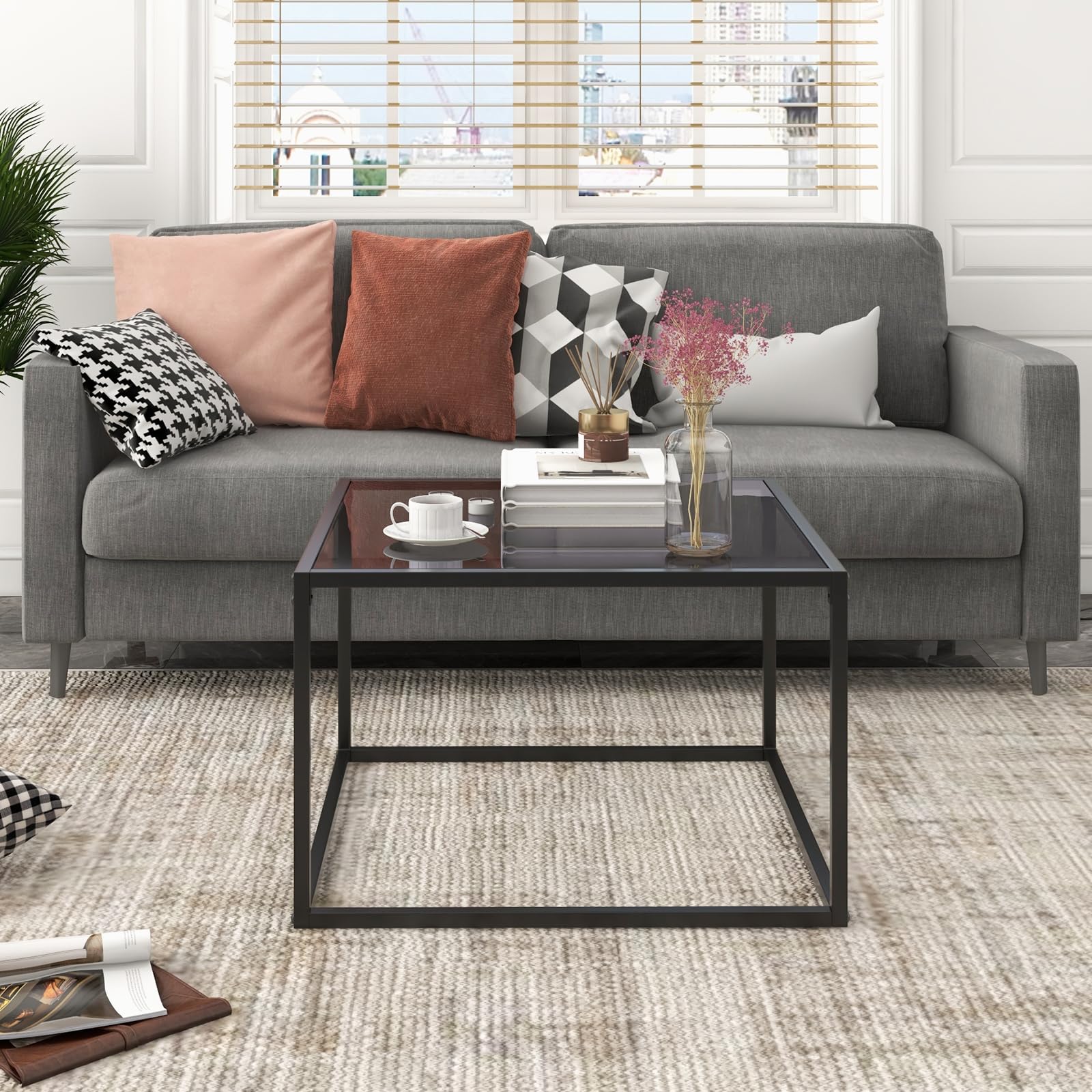 Giantex Glass Coffee Table with Storage, 70cm Modern 2-Tier Square Coffee Table with Mesh Shelf