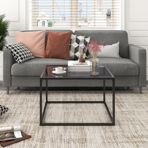 Giantex Glass Coffee Table with Storage, 70cm Modern 2-Tier Square Coffee Table with Mesh Shelf