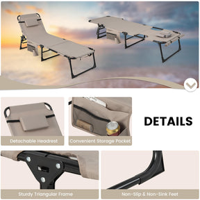 Folding Convertible Camping Lounger w/Face Hole & Pillows & Storage Pocket, 5-Position Adjustable Backrest