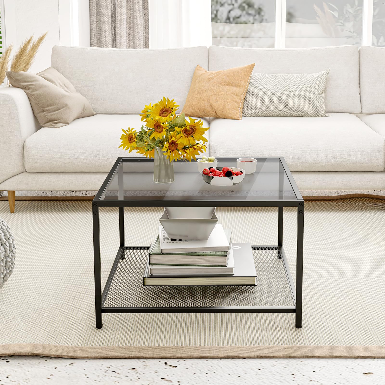 Giantex Glass Coffee Table with Storage, 70cm Modern 2-Tier Square Coffee Table with Mesh Shelf