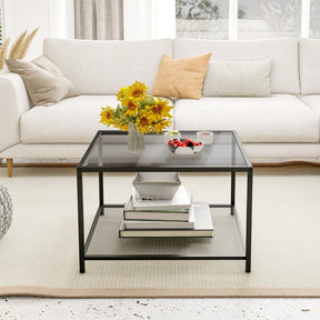 Giantex Glass Coffee Table with Storage, 70cm Modern 2-Tier Square Coffee Table with Mesh Shelf