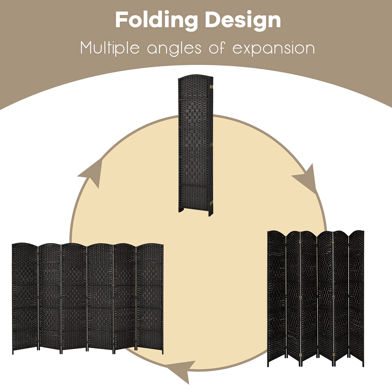6-Panel Screen Room Divider, 6Ft Folding Privacy Screen w/Hand-woven Rattan
