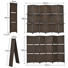 6-Panel Panel Screen Room Divider, 6Ft Wood Wall Divider, Freestanding Partition Stand, with 2 Storage Shelves