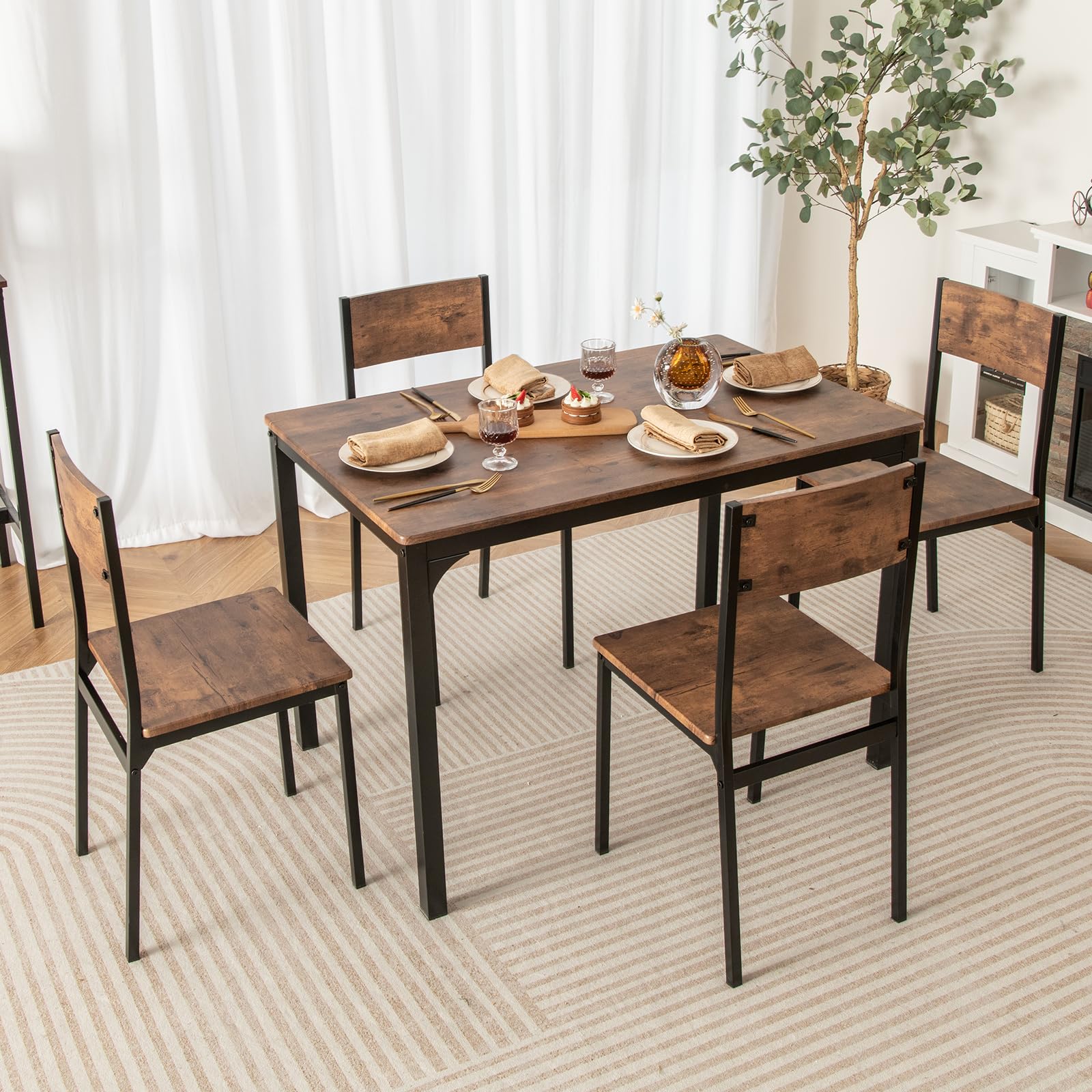 Giantex 5 Piece Dining Table Set, Industrial Style Kitchen Table & Chairs for 4 w/Backrest & Metal Frame