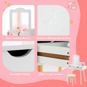 Girls Vanity Set with Mirror and Stool, 2 Large Drawers, Storage Shelf