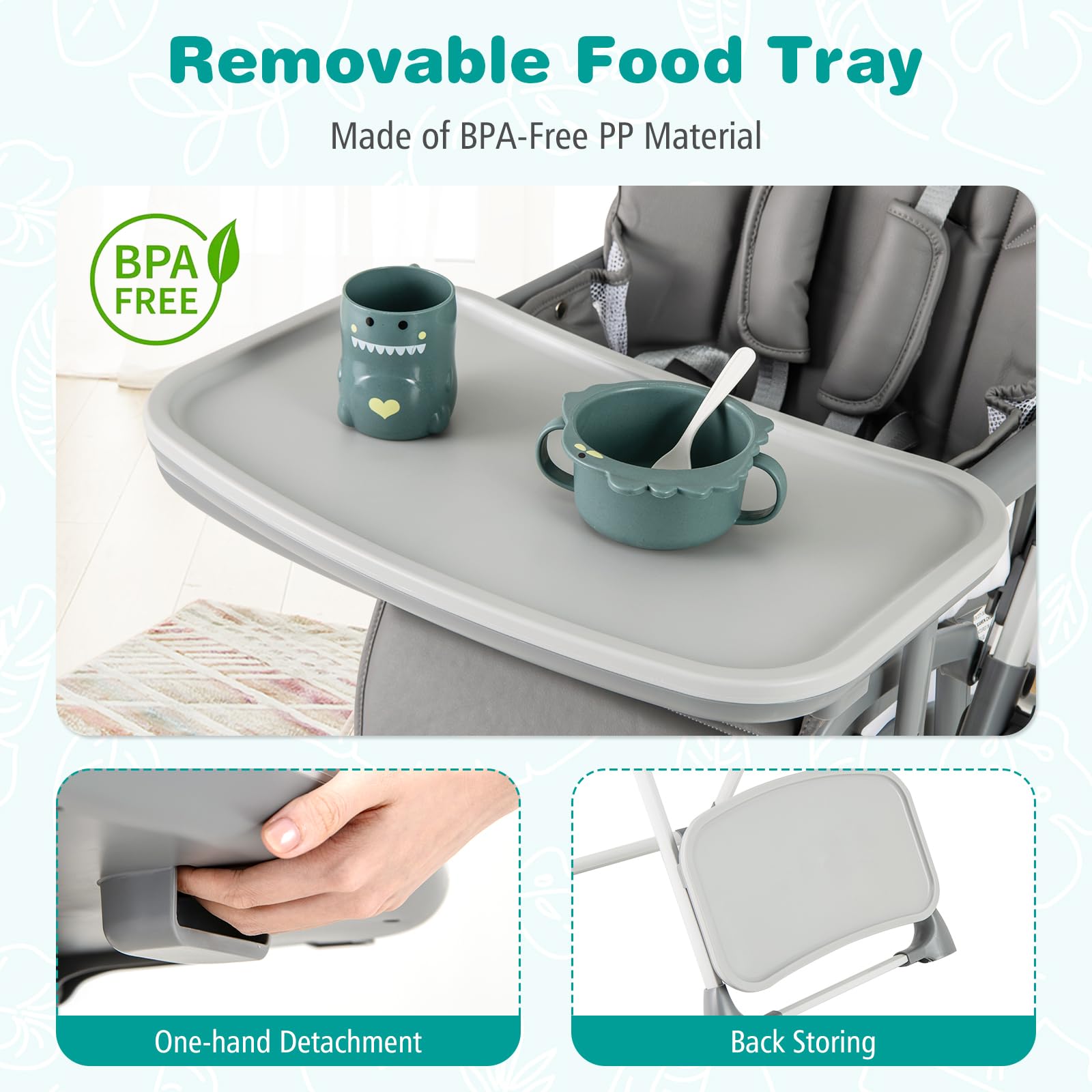 Portable Adjustable Highchair with Footrest, Detachable Tray, Easy to Clean PU Seat Cushion