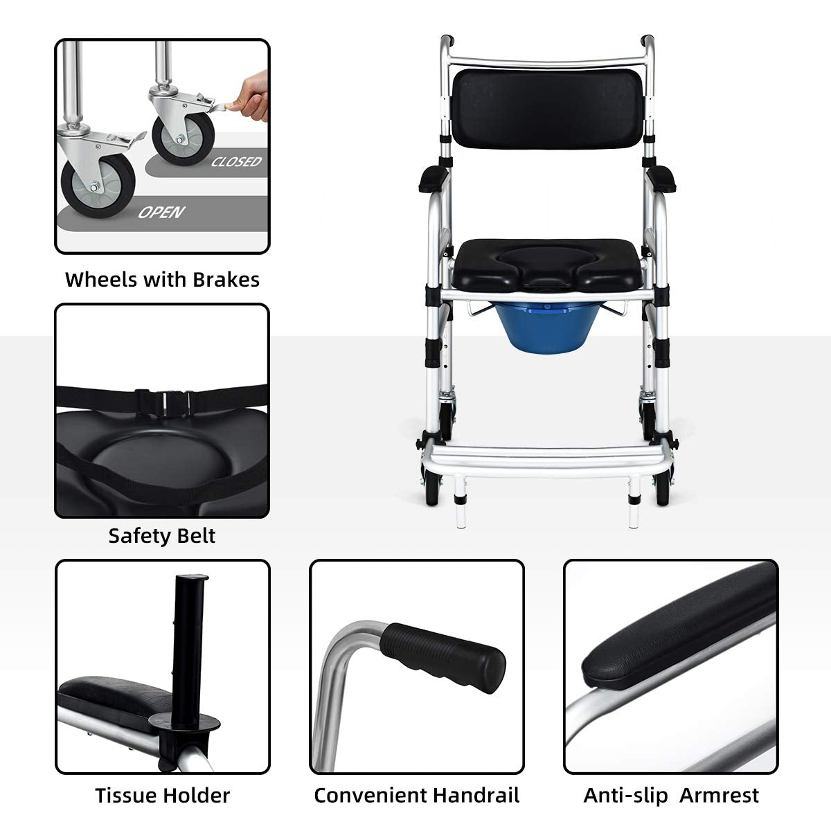 Toilet Commode Wheelchair, Multifunctional Rolling Commode Chair w/ 5-Level Adjustable Height & Removable Toilet