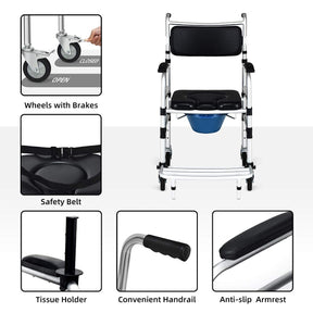 Toilet Commode Wheelchair, Multifunctional Rolling Commode Chair w/ 5-Level Adjustable Height & Removable Toilet