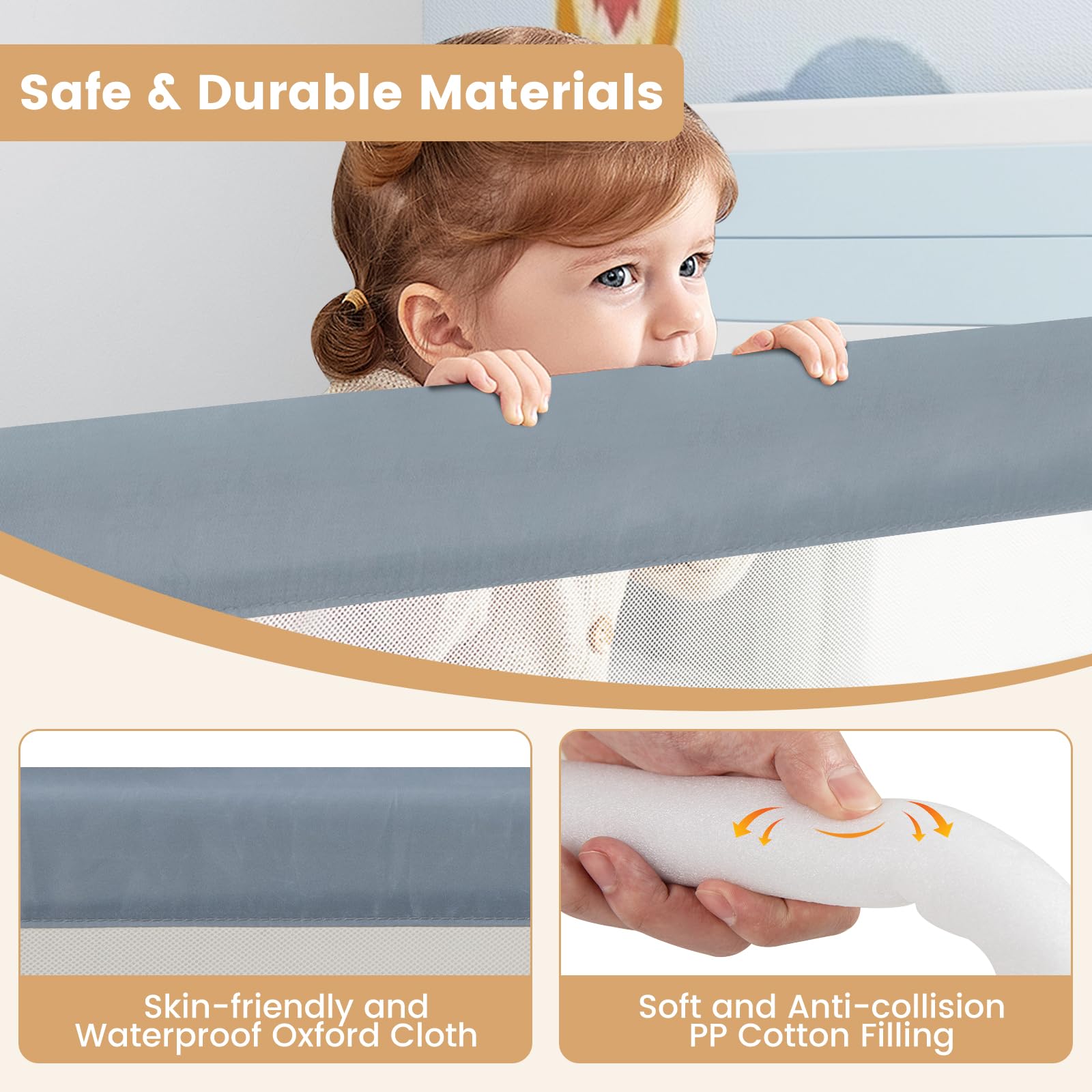 180 x 42 cm Swing Down Baby Bed Guard Rail w/Adjustable Safety Strap Foldable Bed Rail for Toddlers