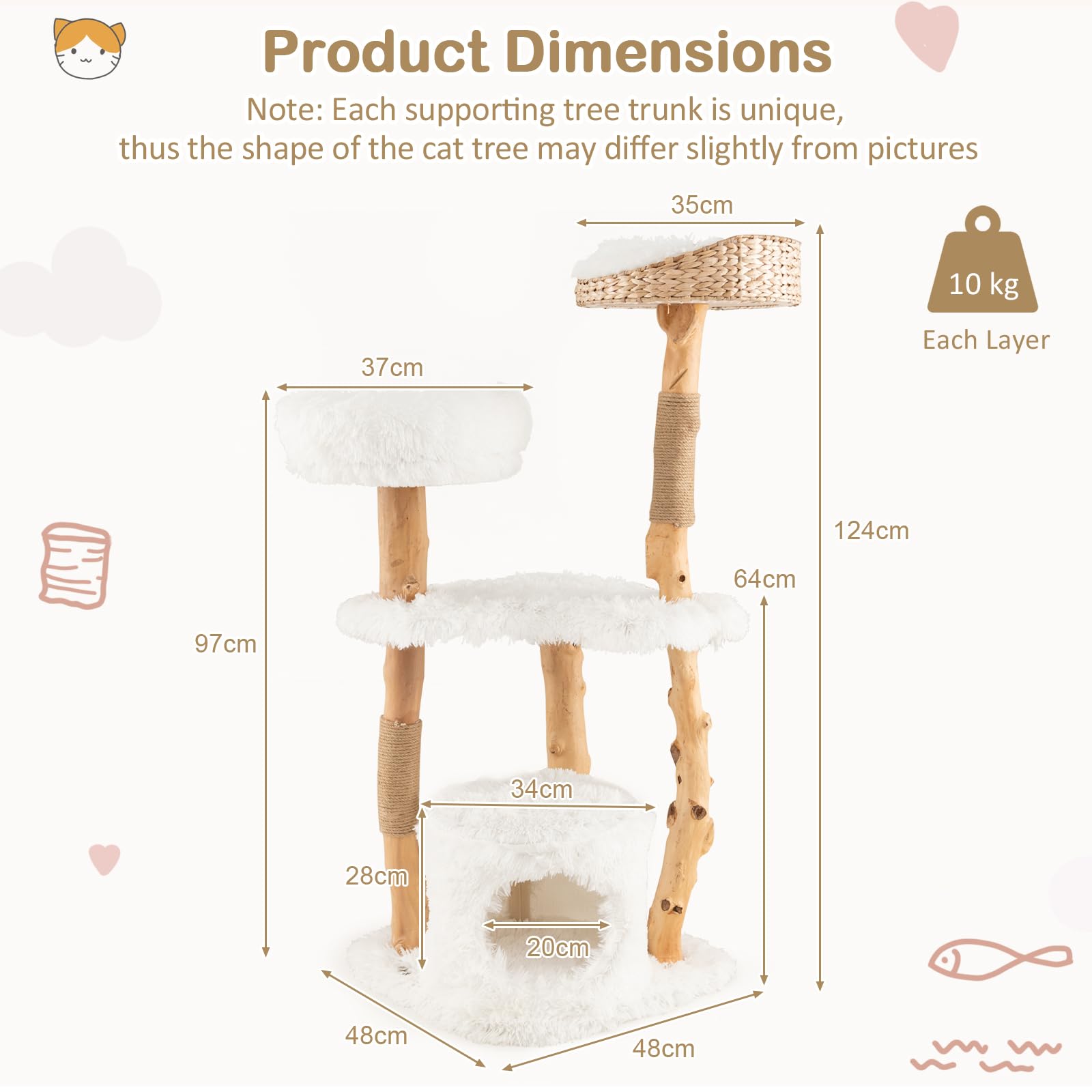 124 CM Tall Wooden Cat Tree, Solid Wood Cat Tower