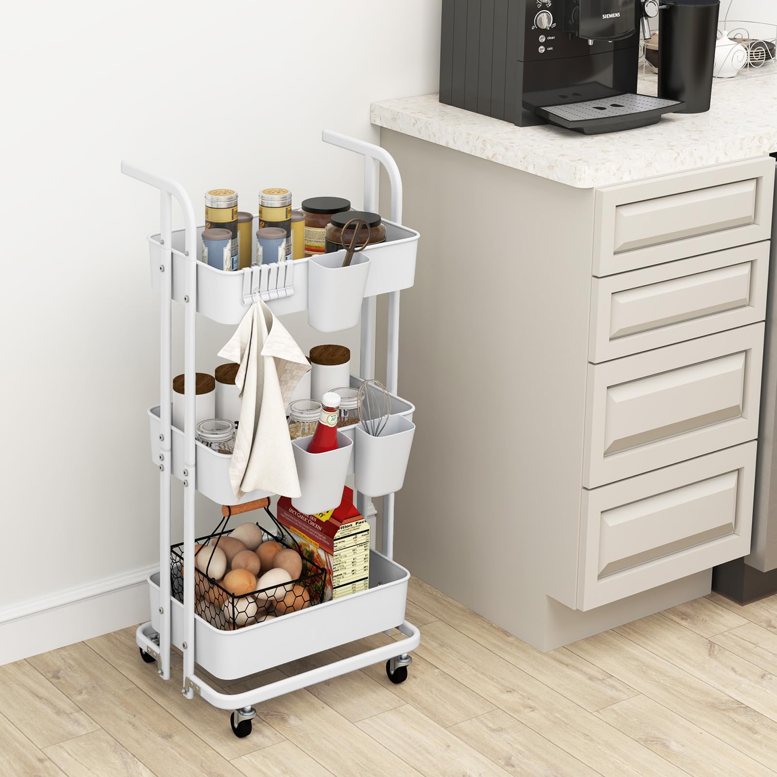 Giantex 3-Tier Rolling Cart, Folding Storage Cart w/ 3 Hanging Cups & 6 Hooks