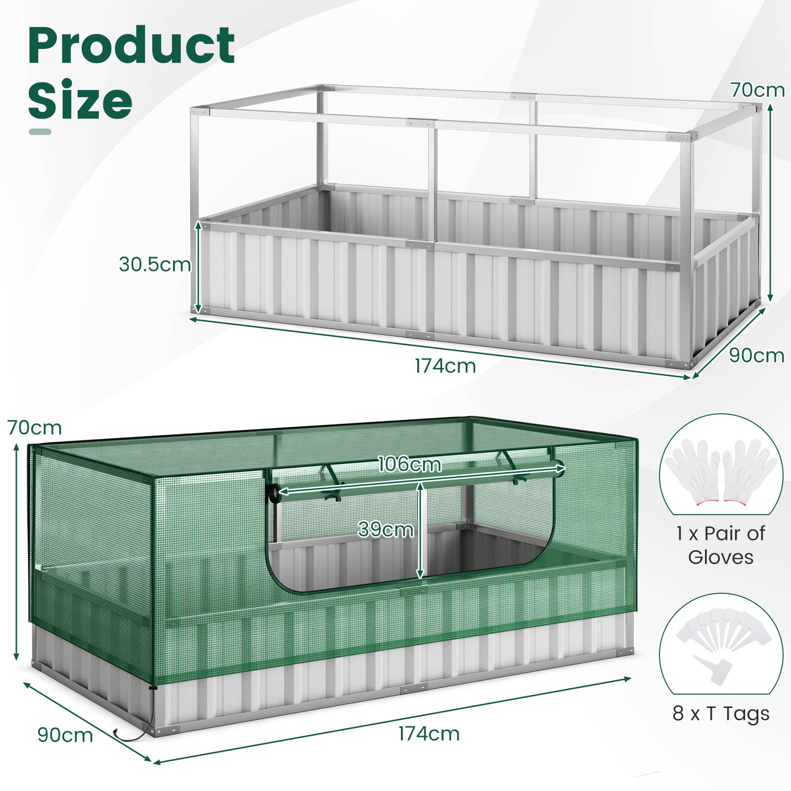 Galvanized Raised Garden Bed w/Mini Greenhouse Cover, Raised Metal Flower Bed w/Large Roll-up Window