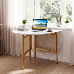 150 CM Folding Dining Table for 6-8 People, Drop Leaf Space Saving Oval Kitchen Table with Golden Metal Legs & Marble-Finished Tabletop