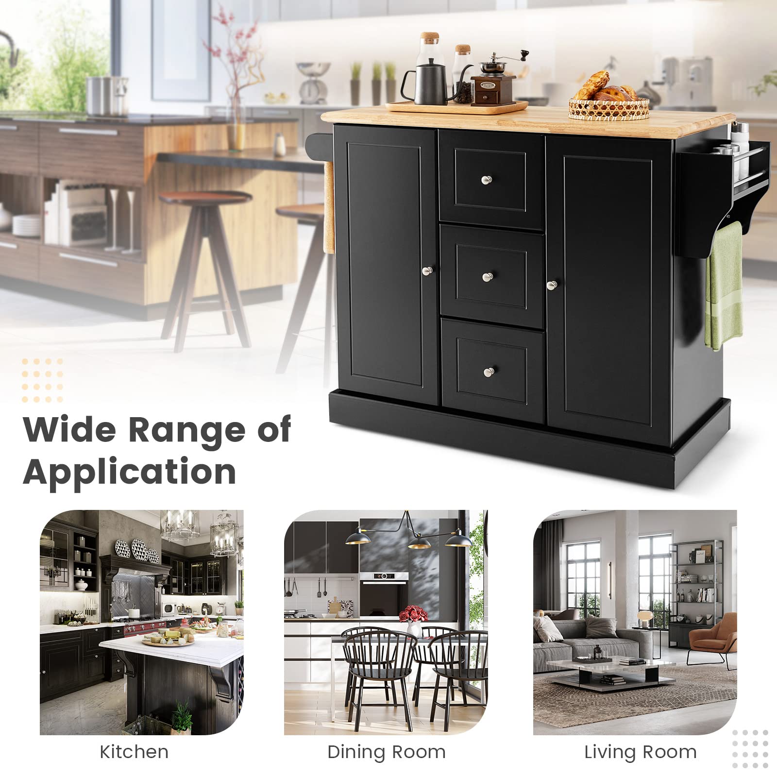 Giantex Large Mobile Kitchen Island Cart, Kitchen Island on Hidden Wheels, Rubber Wood Countertop
