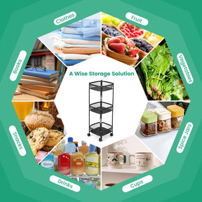 Giantex Foldable 3-Tier Utility Rolling Cart, One-Second Folding Metal Fruit Vegetable Storage Basket Stand with Wheels