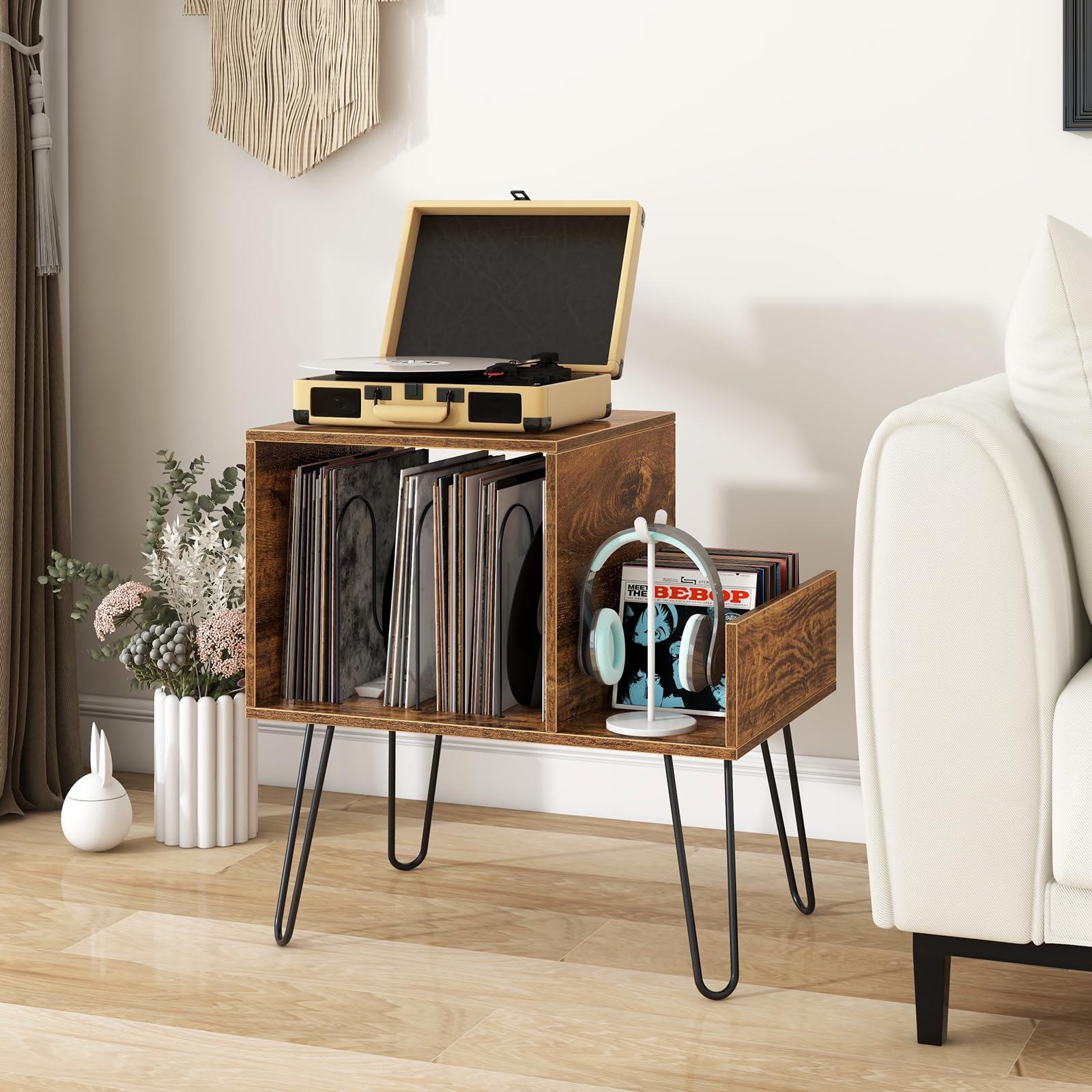 Giantex Record Player Stand with Power Outlet, Turntable Stand with Vinyl Divider & Display Shelf