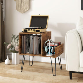 Giantex Record Player Stand with Power Outlet, Turntable Stand with Vinyl Divider & Display Shelf