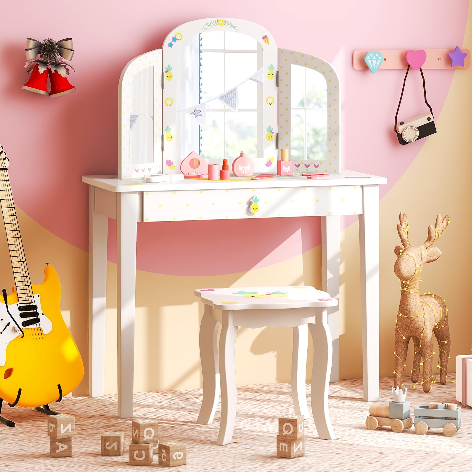 HONEY JOY Kids Vanity Table and Chair Set, Kids Dressing Table w/Tri-Folding Mirror, Large Storage Drawer