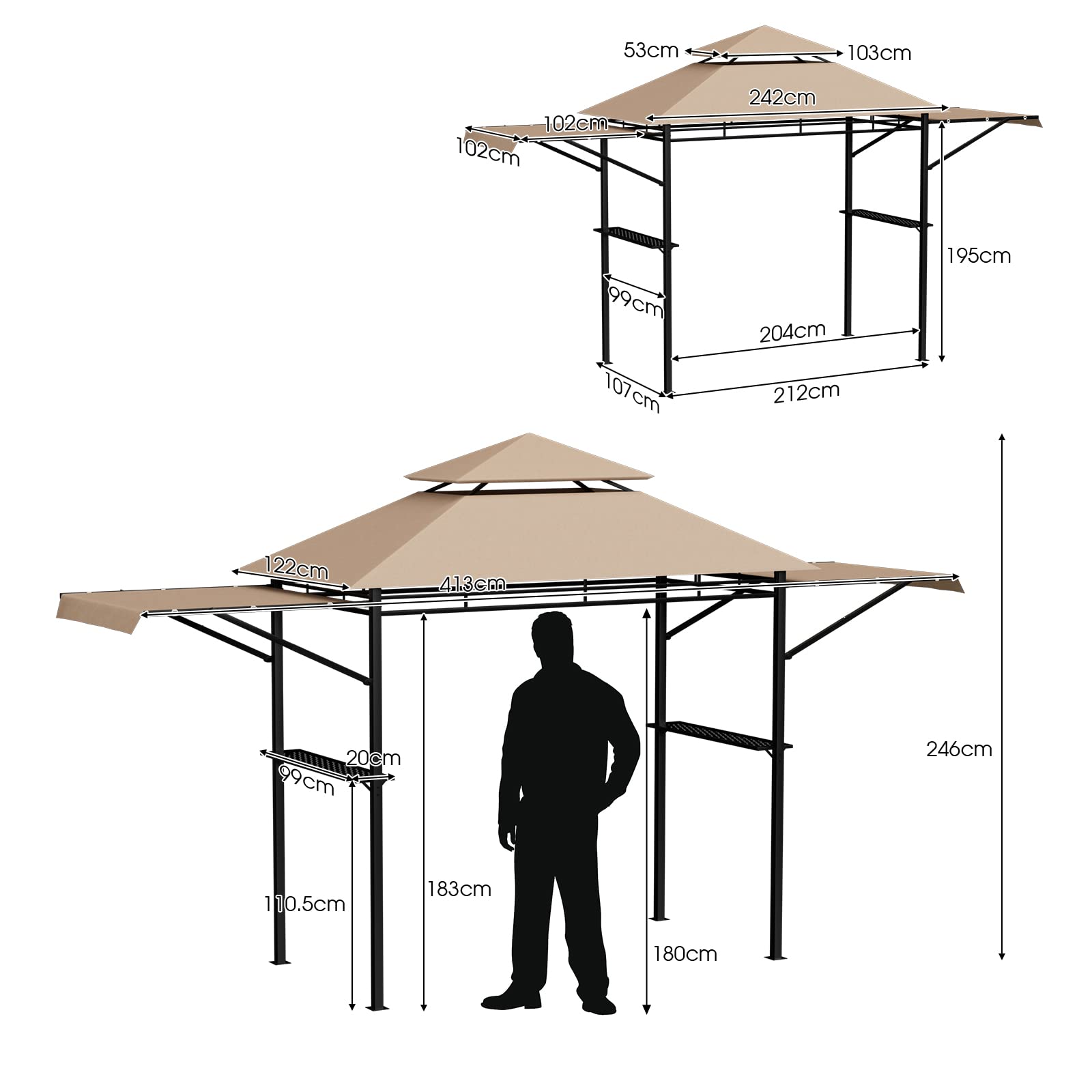 413 x 122cm Outdoor BBQ Grill Gazebo W/Dual Side Awnings, 2 Side Shelves, 8 Stakes Double-Tiered