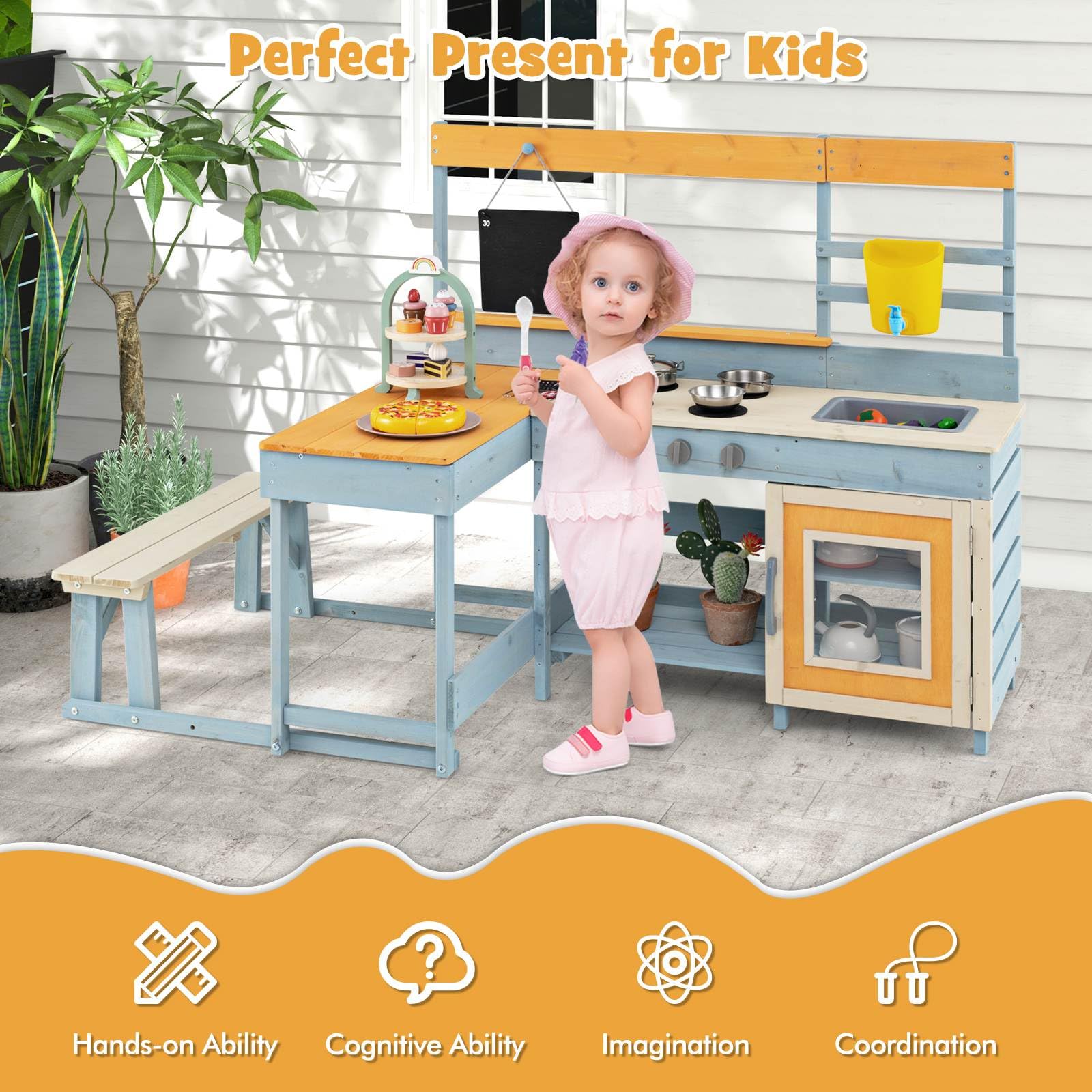 Kids Pretend Play Mud Kitchen, 2-in-1 Outdoor Toy Kitchen & Dining Area w/Storage, Accessories