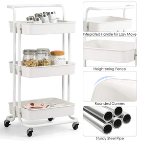 Giantex 3-Tier Kitchen Trolley Cart with Wheels, Multifunctional Cart with Utility Handle